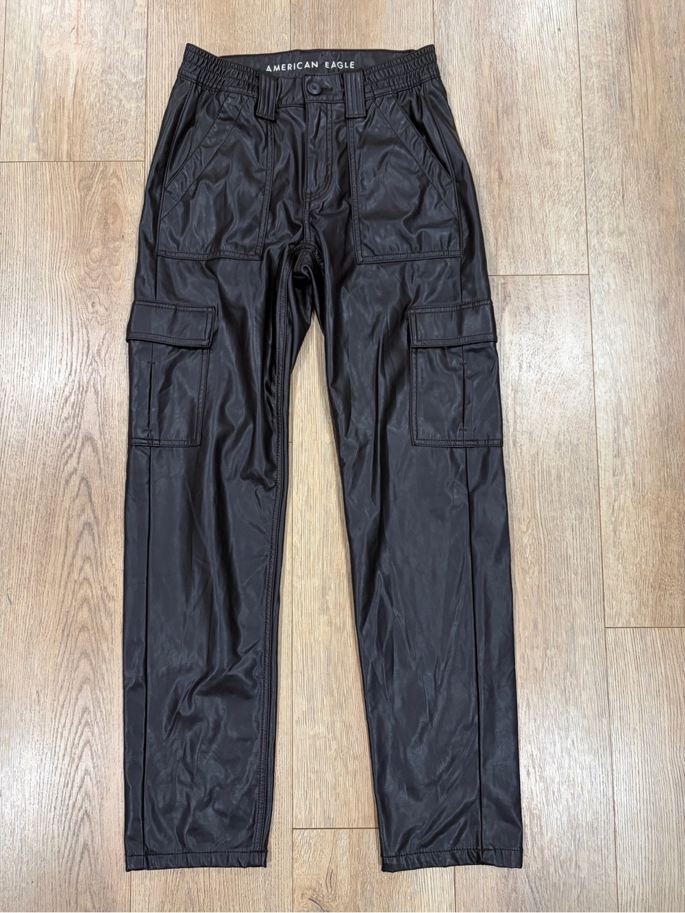 American Eagle Faux Leather Cargo Pants Brown High Rise Stretch Size 2